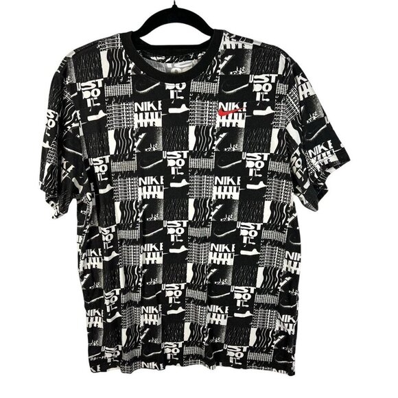 Nike Tee Men's M Just Do It All Over Print Red Swoosh Logo Dri Fit Black White - Picture 1 of 8